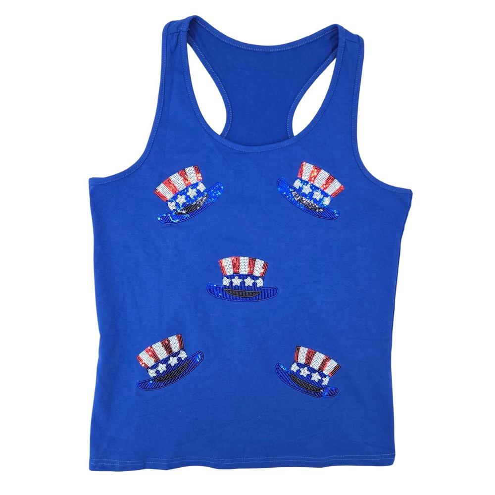 Womens SMALL Sequin Uncle Sam Hat Patriotic Racerback‎ Tank Top Womens Americana